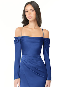 Azazie Hallie Bridesmaid Dresses Royal Blue Sheath Off-The-Shoulder Long Sleeve Stretch Satin Convertible Dress image2