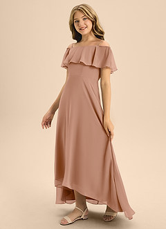Azazie Maggie Junior A-Linie Schulterfrei Chiffon Kleid Champagner Rosa image4