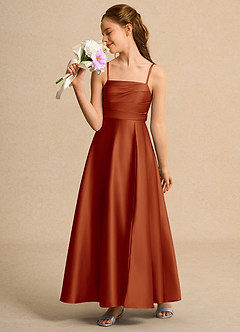 Azazie Pebbles Junior Formal Jurken voor bloemenmeisjes A-Lijn Jurk van Mat Satijn Geplooid Paprika image5