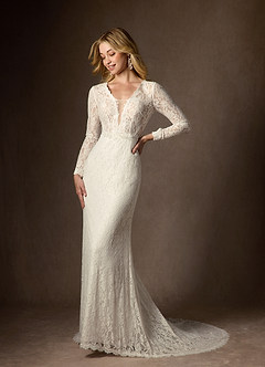 Azazie Indie Wedding Dresses Cream Sheath V-Neck Tulle Dress image6