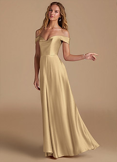 Azazie Jackalin Bridesmaid Dresses Champagne A-Line Off the Shoulder Metallic Satin Convertible Dress image3