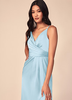 Azazie Aqua Vestidos de damas de honor Vestido de Azul Cielo de Satén Elástico de Corte en A con Cuello en V plisado image6