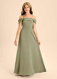 Azazie Anselie Junior Pistachio A-Line Off the Shoulder Stretch Satin Dress image7