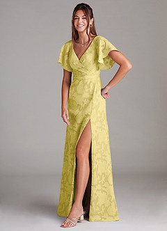 Azazie Ambrosia Jurken voor bruidsmeisjes Jurk van Bloemen Burn-out met A-Lijn Geplooid Kanarie image4