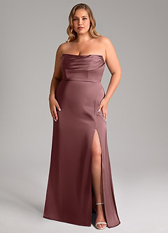 Azazie Saige Bridesmaid Dresses Vintage Mauve Sheath Off the Shoulder Stretch Satin Dress image16