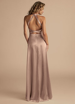 Azazie Clarice Bridesmaid Dresses Taupe A-Line High Neck Metallic Satin Dress image2