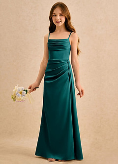 Azazie Shyla Girls Formal Flower Girl Dresses Peacock Sheath Pleated Stretch Satin Dress image3