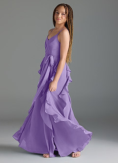 Azazie Peyton Junior Vestido de Tahití de Gasa de Corte En A con Volantes en cascada Cuello en V image4