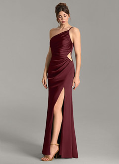 Azazie Hudsyn Jurken voor bruidsmeisjes Jurk van Stretch Satijn met Zeemeermin One-shoulder Cabernet image3