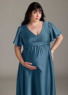 Azazie Verna Maternity Bridesmaid Dresses A-Line Ruched Stretch Satin Floor-Length Dress image15