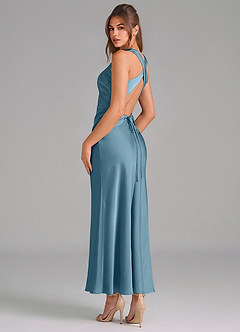 Azazie Evadne Vestidos de damas de honor Vestido de Bermudas de Satén Elástico de Corte Recto con Plisado image2