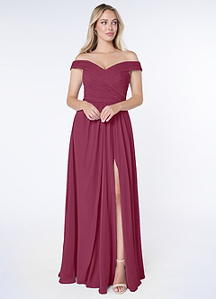 Azazie Audrianna Brautjungfernkleider Wandelbar A-Linie Schulterfrei gerafft Chiffon Kleid Maulbeerrot image1