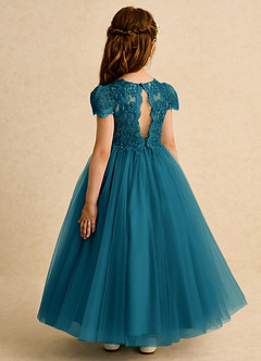 Azazie Puff Flower Girl Dresses Ink Blue Ball-Gown Lace Tulle Dress image7