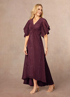 Azazie Mollina Mother of the Bride Dresses Berry A-Line Ruffle Flutter Sleeve Metallic Mesh Dress image2