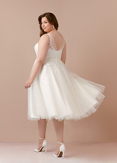 Azazie Dolores Wedding Dresses A-Line V-Neck lace Satin Tea-Length Dress image10