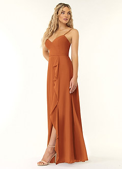 Azazie Naeem Bridesmaid Dresses Cinnamon A-Line V-Neck Ruffle Chiffon Dress image3
