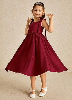 Azazie Chelsie Flower Girl Dresses Burgundy A-Line Bow Matte Satin Dress image3