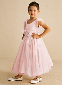 Azazie Minia Flower Girl Dresses Blushing Pink A-Line Bow Matte Satin Dress image5