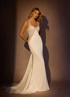 Azazie Lyla Wedding Dresses Diamond White Caramel Mermaid Lace Crepe Back Satin Dress image5