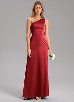Azazie Phaedra Bridesmaid Dresses Scarlet A-Line One Shoulder Stretch Satin Dress image13