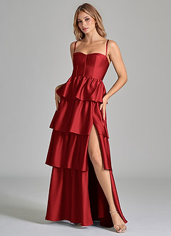 Azazie Faye Bridesmaid Dresses Pomegranate A-Line Ruched Stretch Satin Dress image8