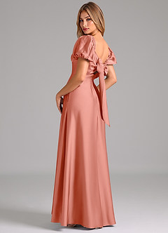 Azazie Fatima Bridesmaid Dresses Coral A-Line Pleated Stretch Satin Dress image2