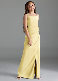 Azazie Leonis Junior Lemon Sorbet A-Line Pleated Stretch Satin Dress image3