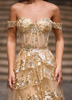 Glitz Champagne Ruffled A-line Prom Dress image5
