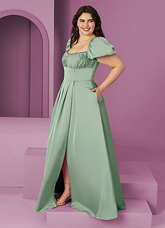 Barbie ♥ Azazie Bridesmaid Dresses Agave A-Line Ruched Stretch Satin Dress image3