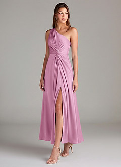 Azazie Brooke Robes de demoiselle d'honneur Robe Trapèze en Satin extensible Une épaule Rose Bonbon image3
