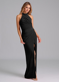 Azazie Jemma Bridesmaid Dresses Black Sheath Pleated Velvet Dress image4