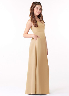 Azazie Sadia Junior Gold A-Line Pleated Stretch Satin Dress image2