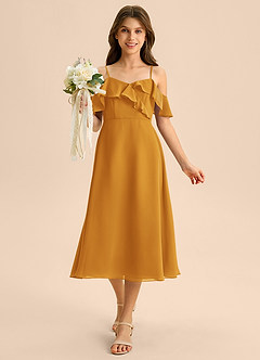 Azazie Kamilla Junior Butterscotch A-Line Off the Shoulder Chiffon Dress image4