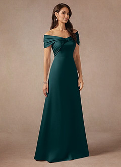 Azazie Amelia Mother of the Bride Dresses Pine A-Line Off the Shoulder Stretch Satin Dress image4