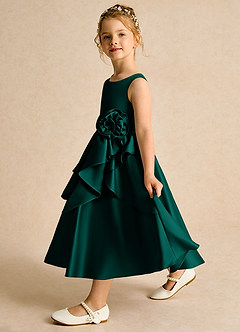 Azazie Hermia Blumenmädchenkleider A-Linie ärmellos Matte Satin Kleid Kiefer image4