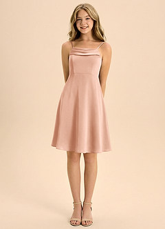 Azazie Anselie Junior Abito A-Line in Raso Elasticizzato Plissettato Oro Rosa image5