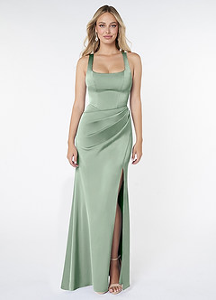 Azazie Mero Brautjungfernkleider Etui Plissee Stretch-Satin Kleid Agave image1