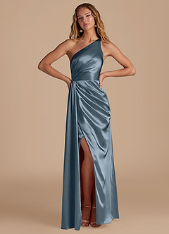 Azazie Mika Bridesmaid Dresses Twilight Sheath One Shoulder Metallic Satin Dress image3