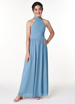 Azazie Iman Junior Steel Blue A-Line Pleated Chiffon Dress image3