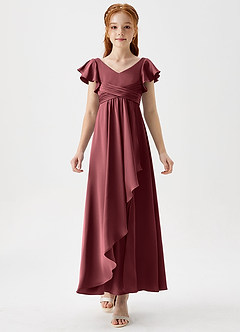 Azazie Omari Junior Merlot A-Line Pleated Stretch Satin Dress image5