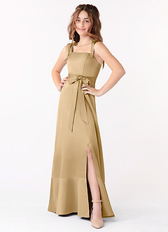 Azazie Barbara Junior Gold A-Line Bow Matte Satin Dress image1