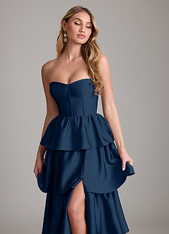 Azazie Faye Bridesmaid Dresses Dark Navy A-Line Ruched Stretch Satin Dress image5