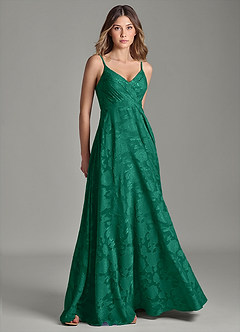 Azazie Amani Bridesmaid Dresses Emerald A-Line Pleated Floral Burnout Dress image1