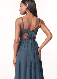 Azazie Zeya Robes de demoiselle d'honneur Robe Trapèze en Mousseline de soie Col V plissé Neptune image2