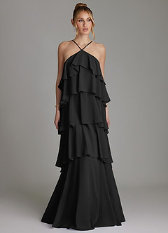 Azazie Deena Bridesmaid Dresses Black A-Line Ruched Chiffon Dress image1