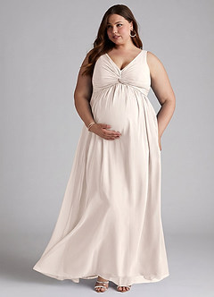 Azazie Yetta Maternity Bridesmaid Dresses A-Line V-Neck Gathered Chiffon Floor-Length Dress image7