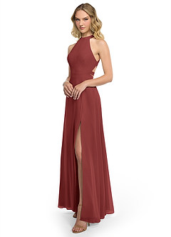 Azazie Clarice Bridesmaid Dresses Terracotta A-Line Halter Chiffon Dress image2
