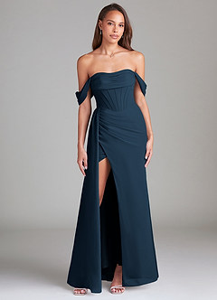 Azazie Amyra Bridesmaid Dresses Dark Navy Sheath Off the Shoulder Chiffon Convertible Dress image1