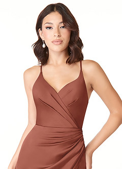 Azazie Geanna Brautjungfernkleider Etui V-Hals Gefaltet Stretch-Satin Kleid Rotbraun image5