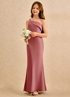 Azazie Almond Girls Formal Sukienki dla dziewczynek sypiących kwiaty Osłona Jedno ramię Satyna elastyczna Długość podłogi Sukienka image3
